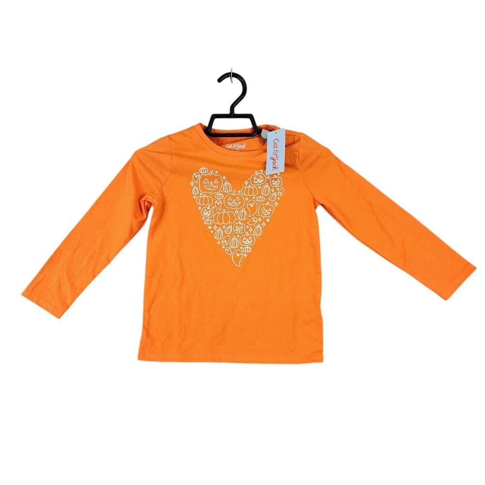 Girls Cat & Jack Orange Halloween Pumpkin Heart Shirt Long Sleeve Size XS (4/5)